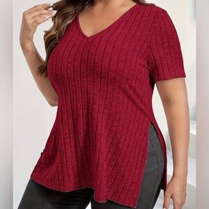 Plus Size Solid Ribbed V Neck T-Shirt Casual Short Sleeve Top Women's 4X